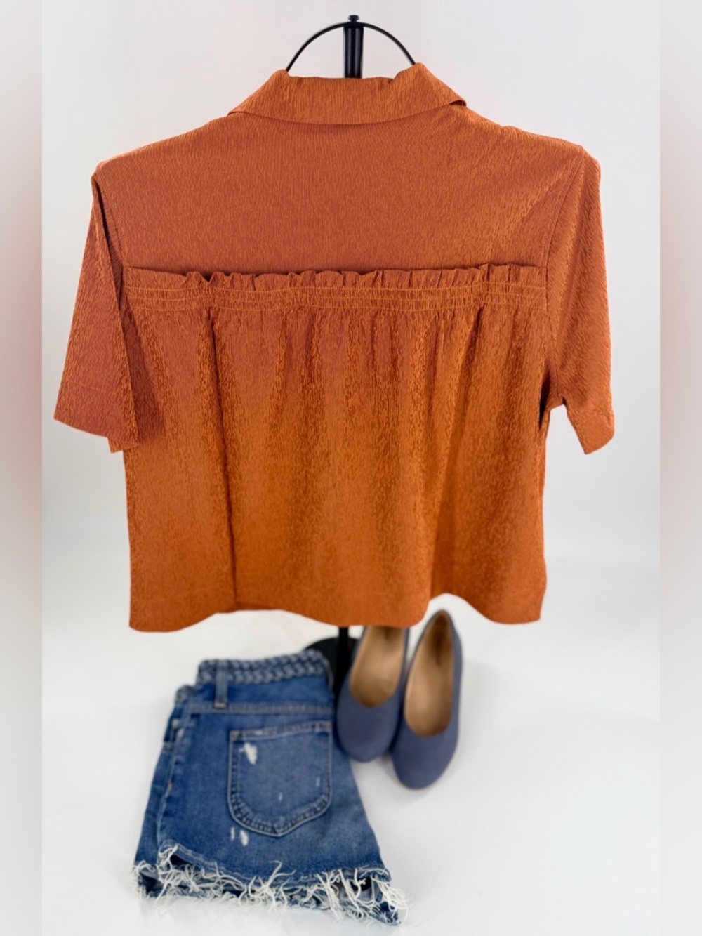 Athleta Top Women Medium Burnt Orange Textured Button Up Camp Shirt Short Sleeve - Picture 3 of 7